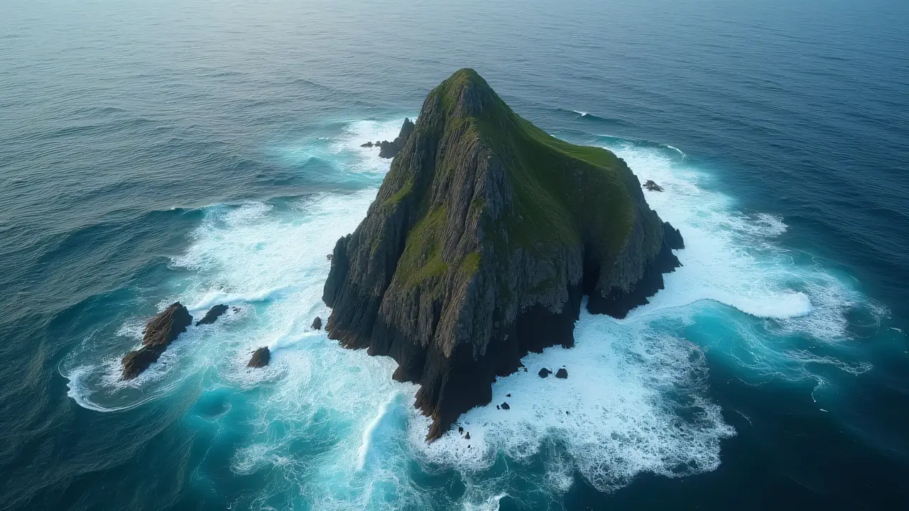 Aerial perspective of jagged rock formations amidst crashing ocean waves and mist.