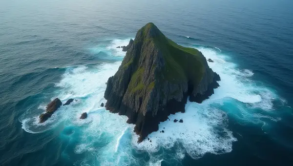 Aerial View Jagged Rocks Turbulent Ocean Waves