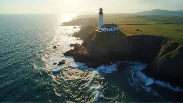 Aerial View Lighthouse Coastal Landscape at Sunset