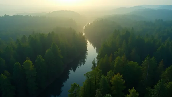 Aerial View Of Lush Forest Canopy With River