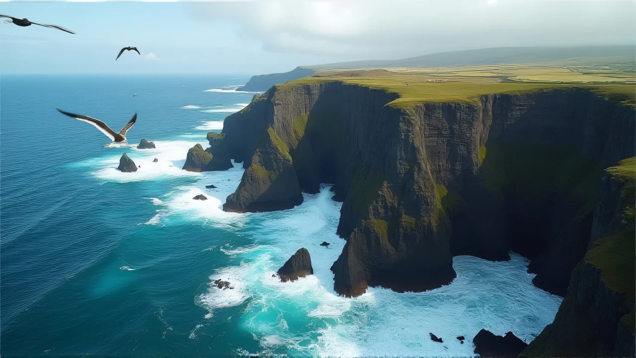 Aerial view of a jagged mountain cliff alongside crashing waves and seabirds in flight.