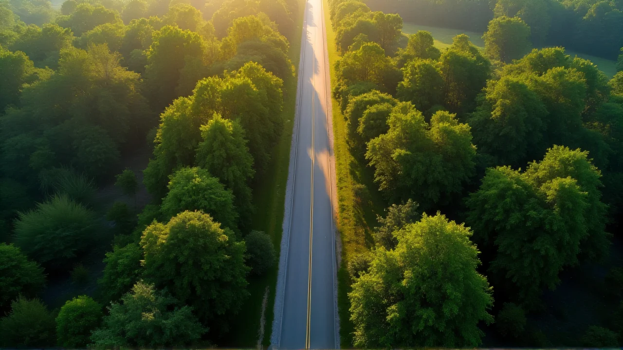 A narrow road surrounded by dense deciduous trees in soft morning light from an aerial perspective.