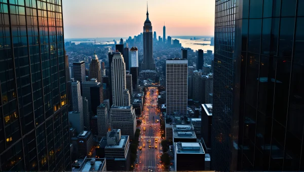 Aerial View New York City Skyline Dusk
