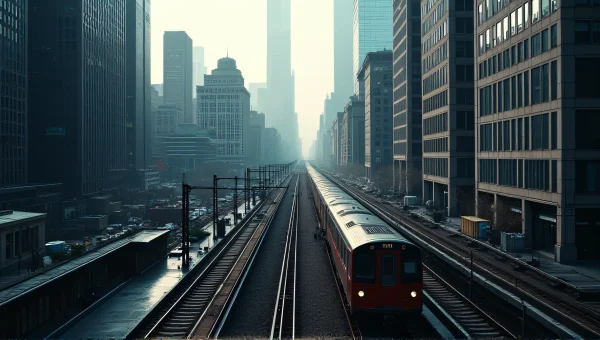 Aerial View Passenger Train Through City Skyline