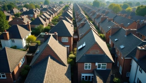 Aerial View of Residential Roofs and Streets