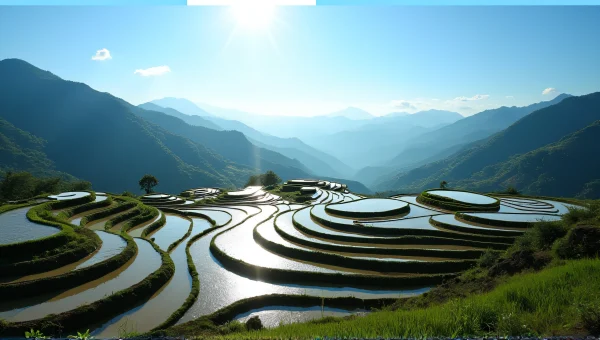 Aerial View Rice Terraces Reflecting Sunlight