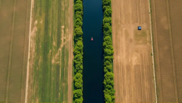 Aerial View of River Among Croplands and Fields