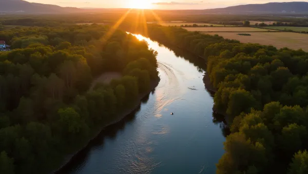 Aerial View River Forest Fields Golden Hour