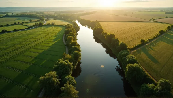 Aerial View River Winding Through Farmland
