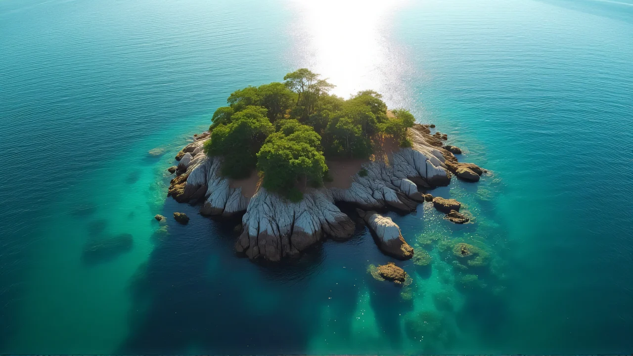 Aerial perspective of a small rocky island with sparse trees in turquoise waters.