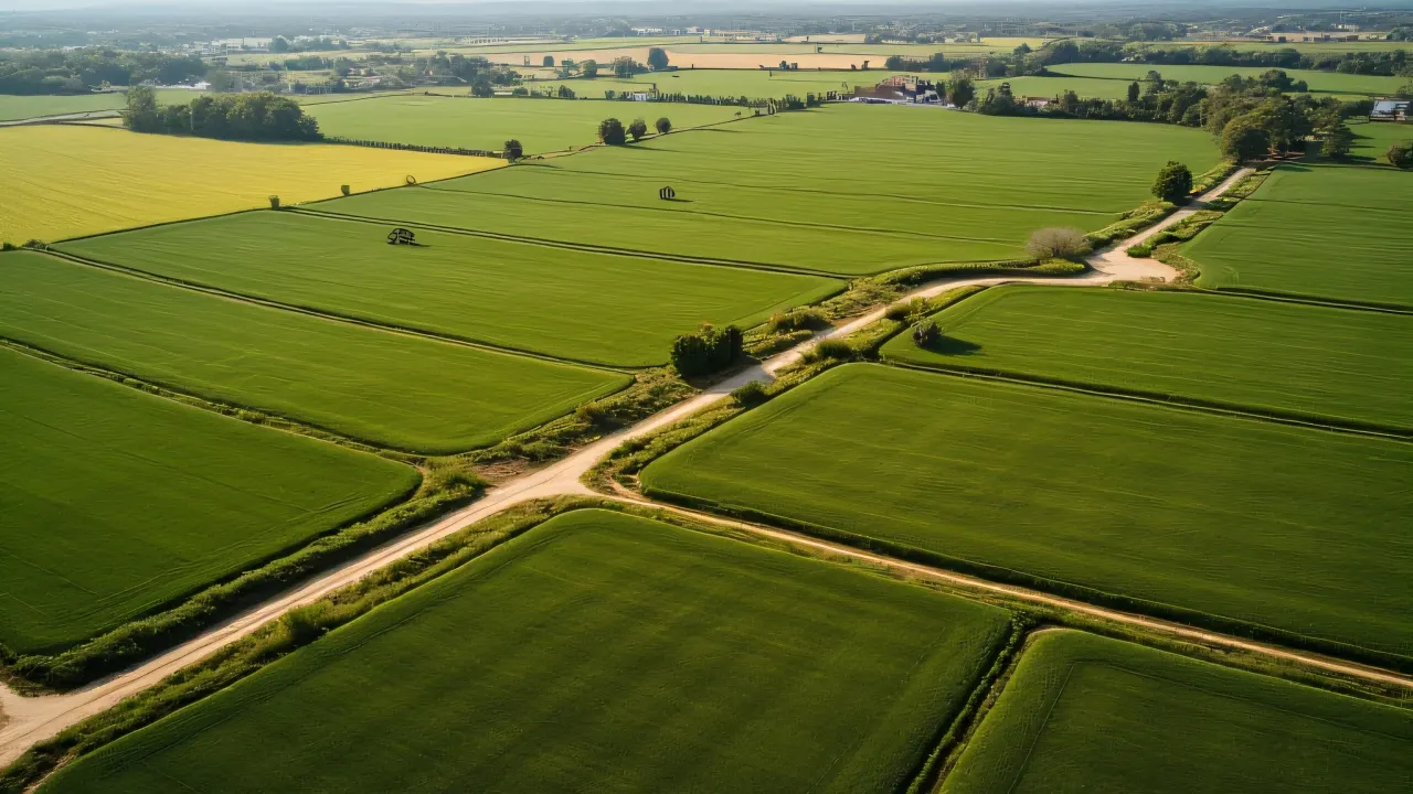 Bird's-eye view of a rural field with plots and paths.
