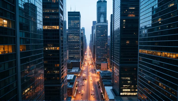Aerial View of Skyscrapers at Dusk with Streets