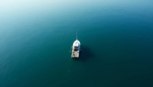 Aerial View of Solitary Boat on Calm Water