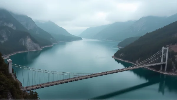 Aerial View Suspension Bridge Mountain Lake