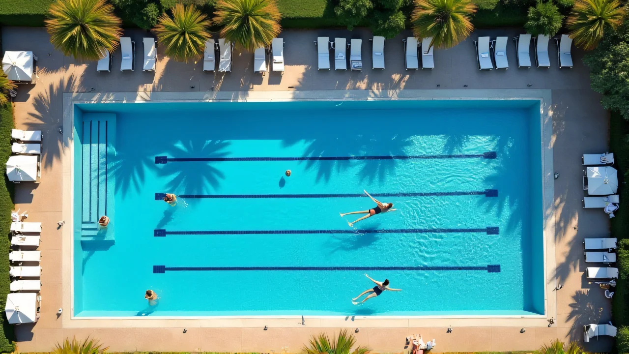 Aerial shot of a swimming pool featuring swimmers, lane markers, and sun loungers surrounded by palm trees.