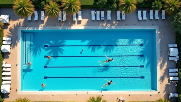 Aerial View of Swimming Pool with Swimmers and Loungers