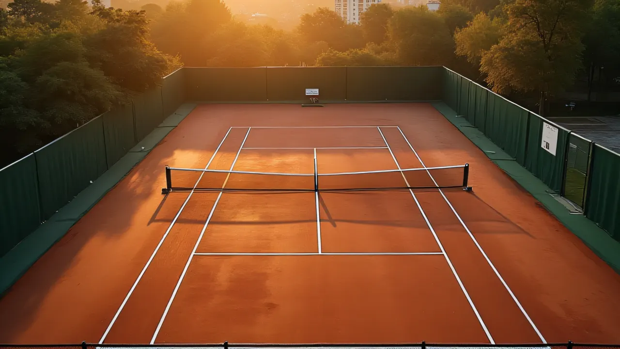 Aerial view of an empty outdoor tennis court at golden hour with shadows and an urban skyline in the background.