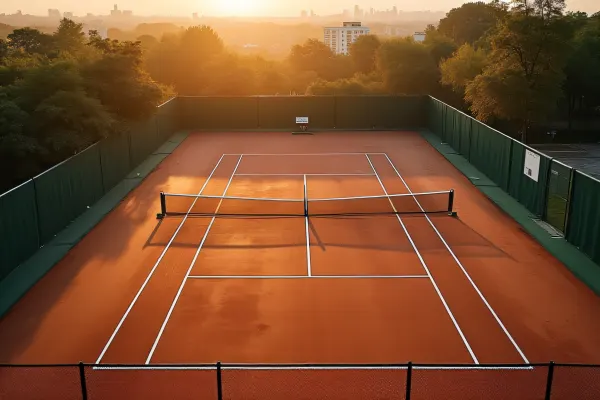 Aerial View Tennis Court Urban Skyline Golden Hour