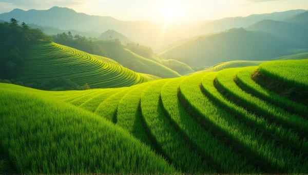 Aerial View Terraced Green Rice Fields Horizon