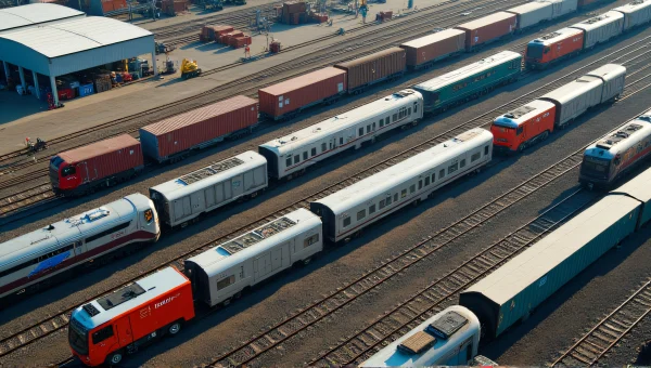 Aerial View of Trains in Rail Yard with Workers