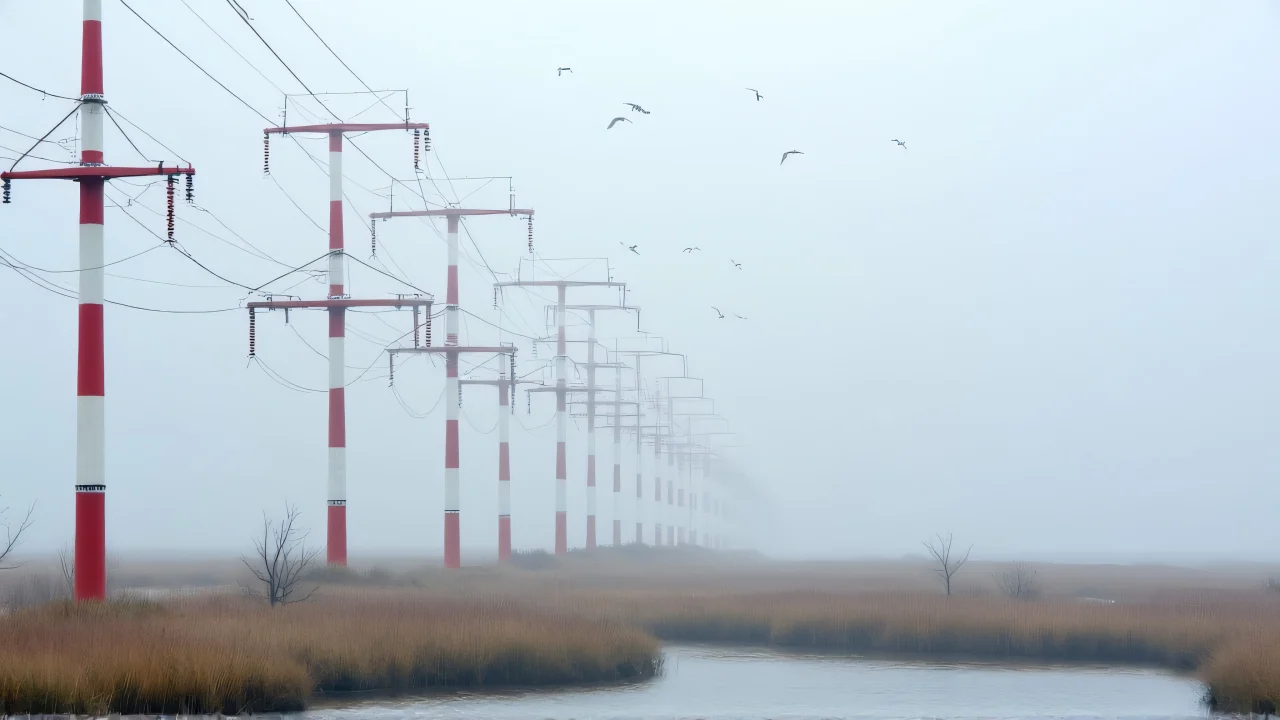 Low-angle aerial view of red and white transmission posts in a foggy coastal marsh with seabirds.