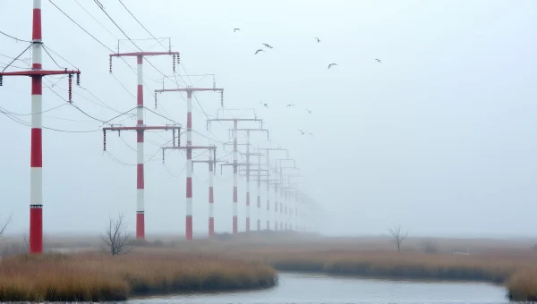 Aerial View Of Transmission Posts Over Marshland