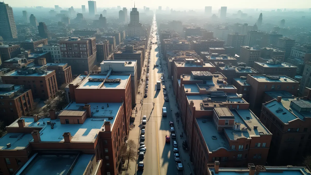 Bird's-eye view of a busy city block showing buildings, streets, and people during the day.