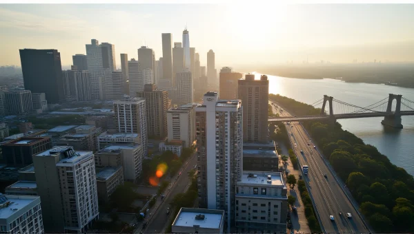 Aerial View of Urban High-Rise Buildings at River