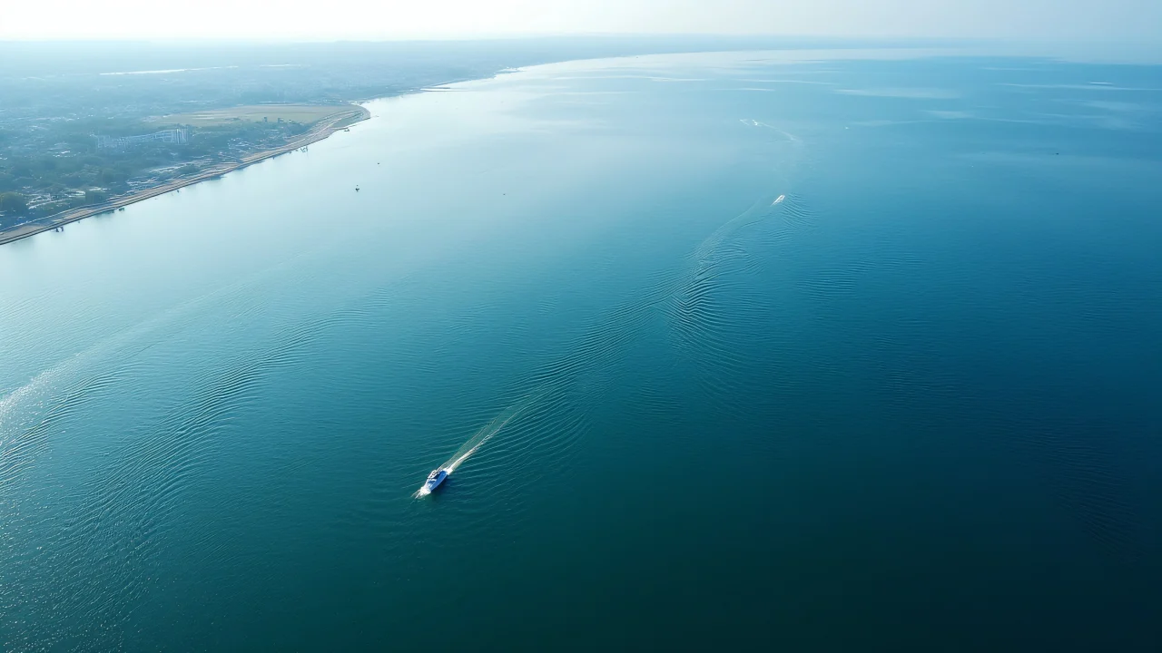 Bird's-eye view of a serene waterbody with boats and distant shoreline.