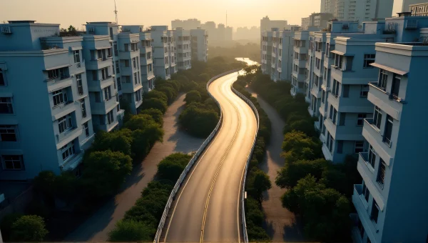 Aerial View Winding Road Mid-Rise Buildings Morning Light