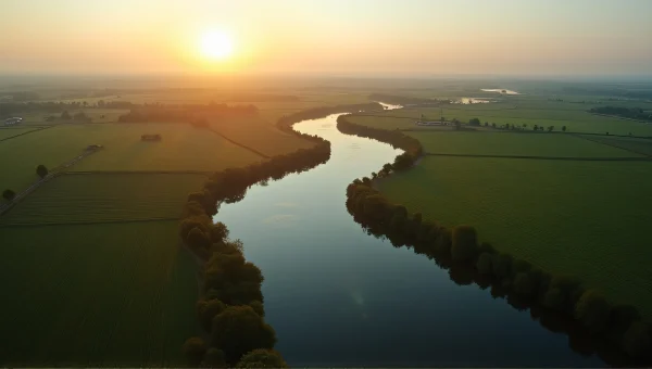 Aerial View Winding Water Greenfields Reflection