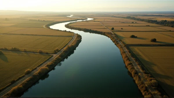 Aerial View Winding Water Rural Landscape Fields