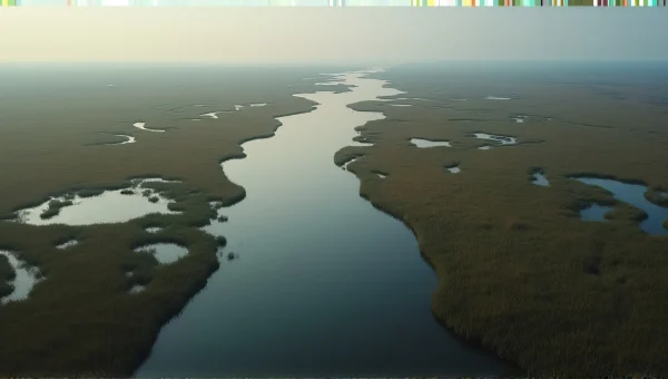 Aerial View Winding Waterway Through Marshland