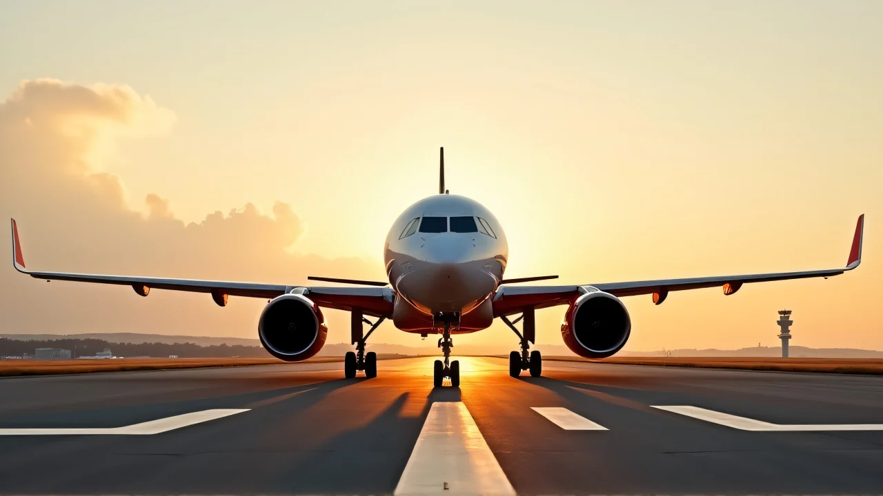 A white and red airplane parked on an airport runway during golden hour with a control tower in the background.