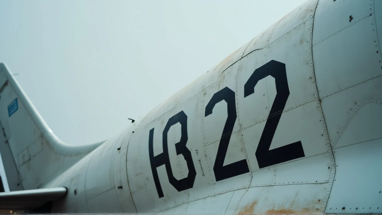 Close-up view of an airplane tail section showing riveted panels and registration numbers.