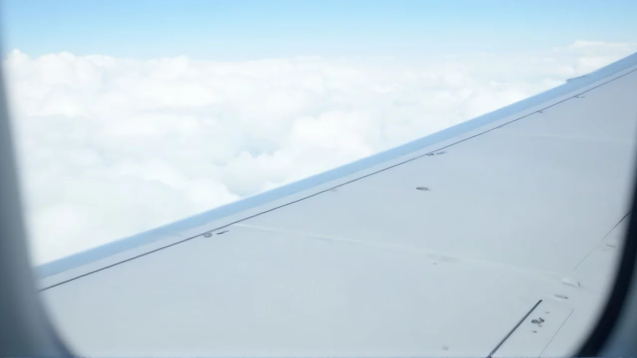 View of a white airplane wing from a passenger window above clouds.