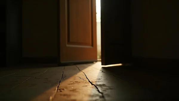 Ajar Wooden Door In Dim Hallway With Shadows