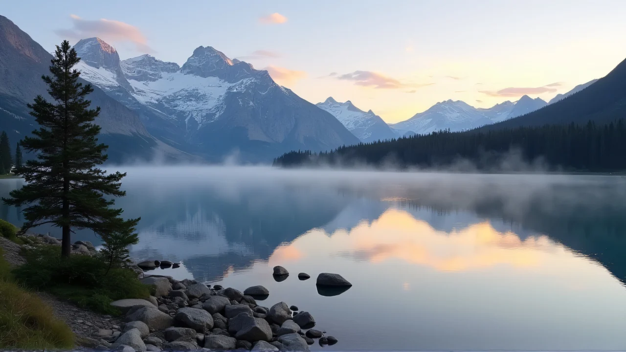 Wide alpine lake reflecting mountains at sunrise with mist and hikers.