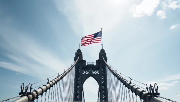 American Flag On Steel Suspension Bridge