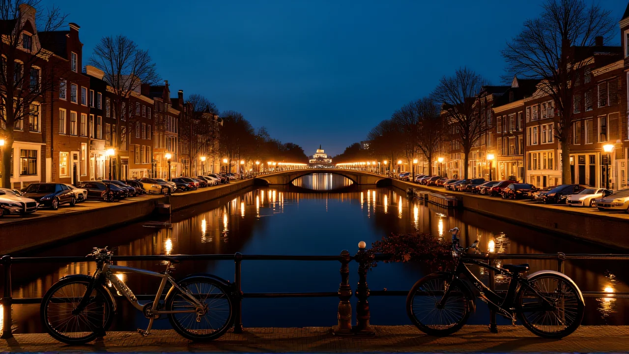 Wide-angle view of Amsterdam's historic houses and canals at night with bicycle silhouettes.