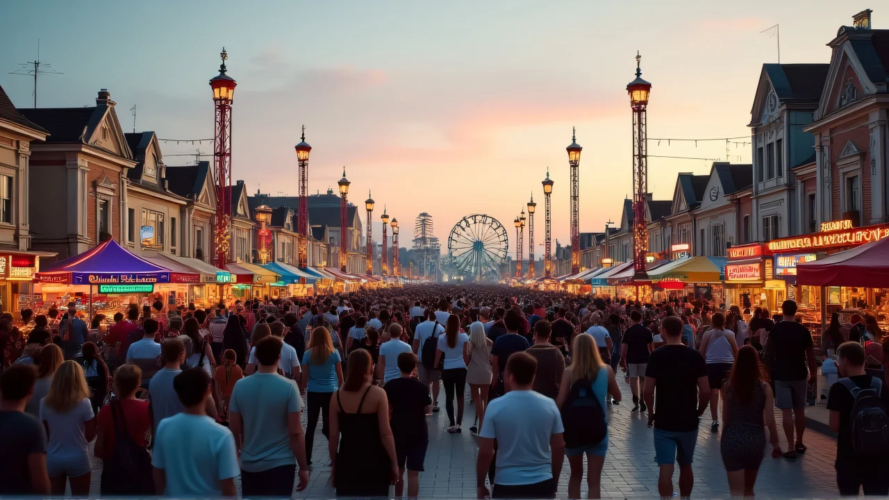 A vibrant crowd enjoying an amusement park at dusk near urban buildings.