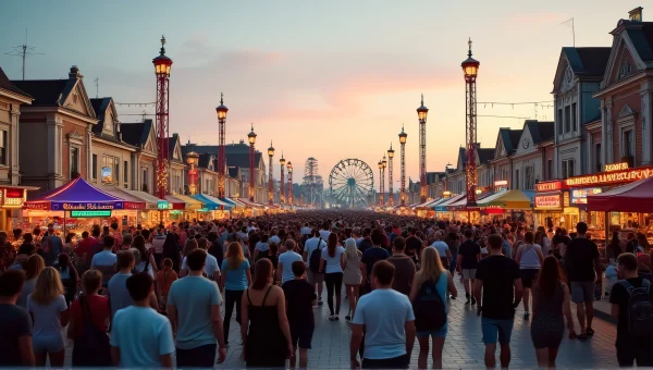 Amusement Park Crowd Strolling At Dusk