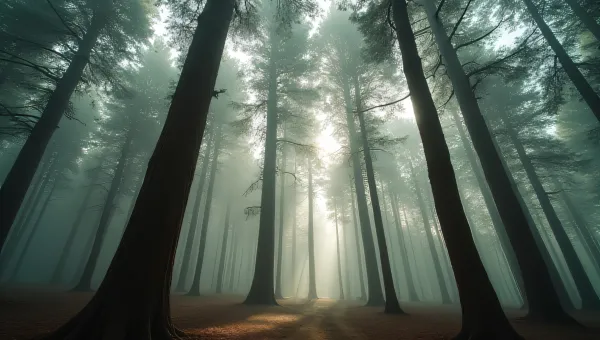 Ancient Forest Trees With Dappled Light And Mist