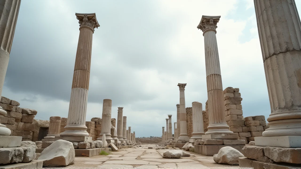 Weathered ancient marble columns and stone fragments under a cloudy sky.