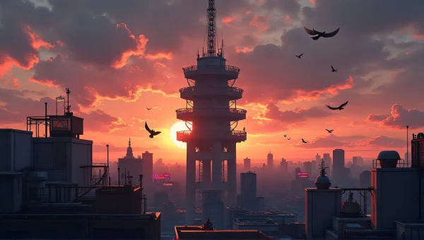 Anime Style Urban Tower At Dusk With Neon Signs