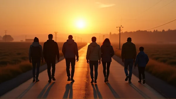 Anonymous Figures Walking Rural Road at Dusk