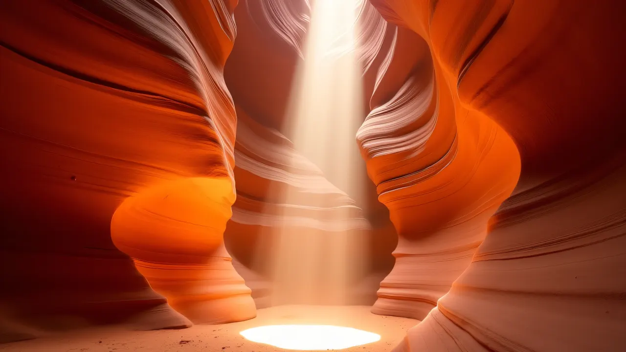Interior view of Antelope Canyon highlighting warm tones and sunbeams.