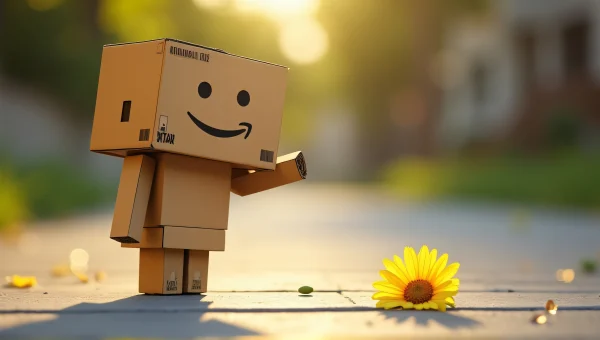 Anthropomorphic Amazon Box Character Pointing Daisy