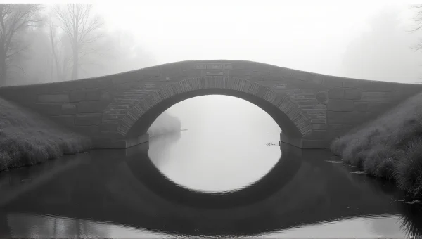 Arched Stone Bridge Over Foggy River