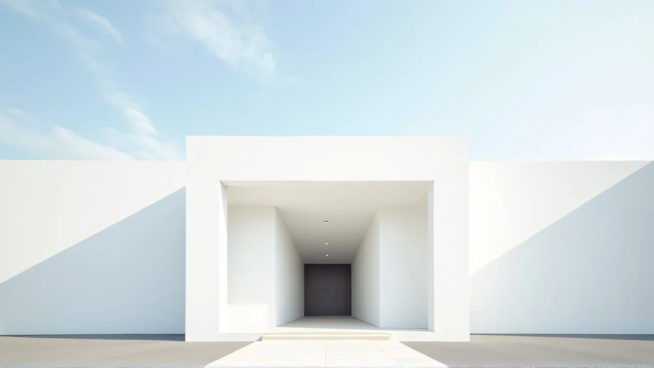 A low-angle view of a white building showcasing geometric lines and sharp shadows under a clear sky.